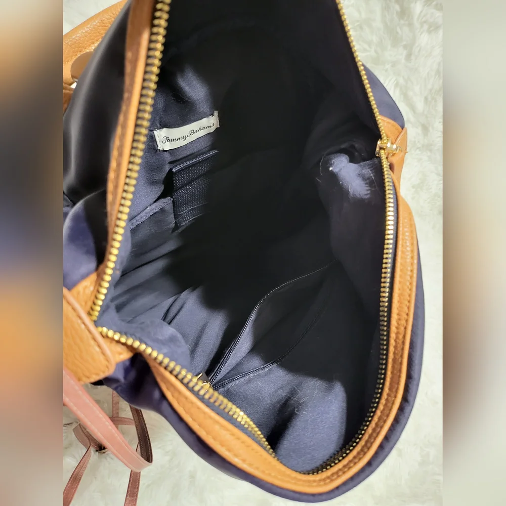 NEW! Tommy Bahama Navy Nylon Campus Backpack Tan Faux Leather Trim Handbag